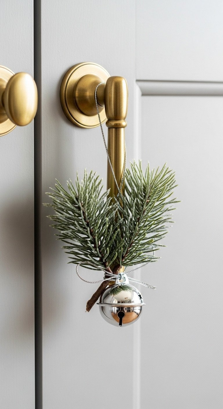 Ultra-close of festive Christmas cabinet hardware: silver bell ornament and faux frosted pine on a polished brass pull.
