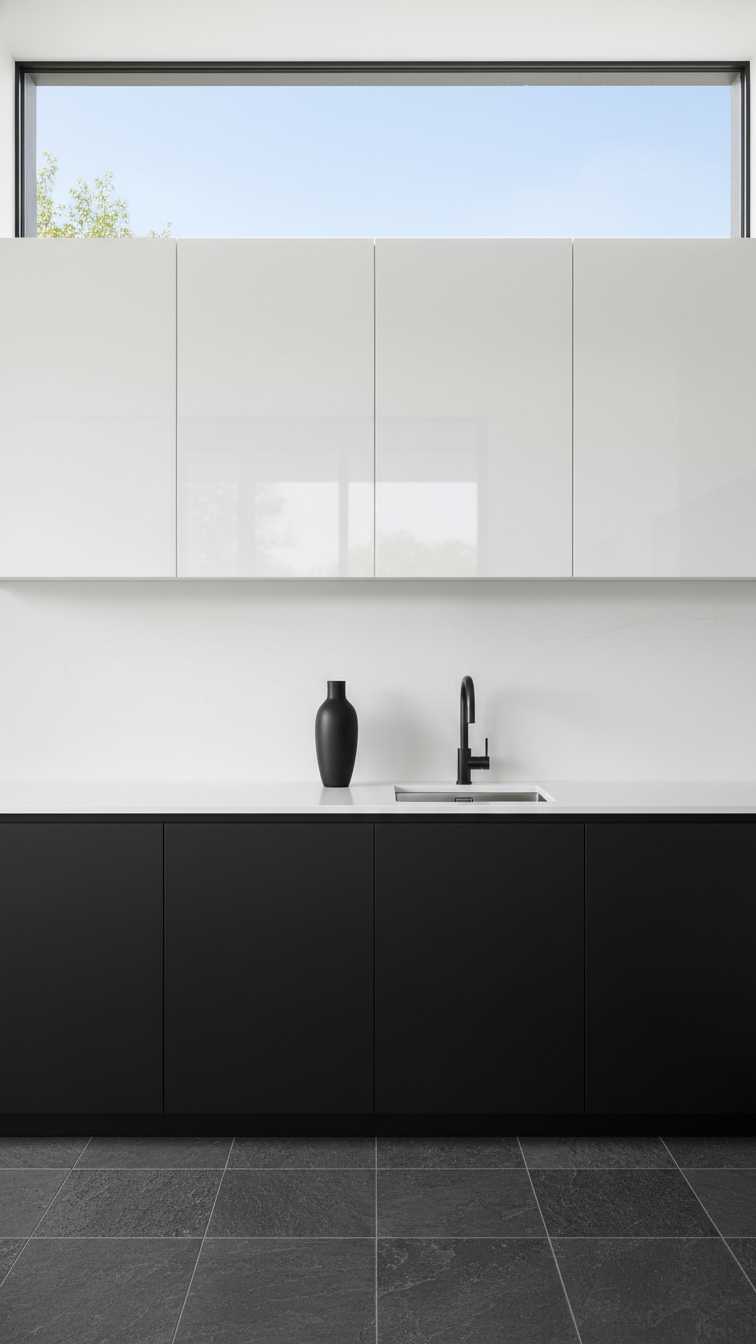 Moody Two Tone Kitchen Cabinets: 9 Essential Design Ideas 17 Ultra-matte black lower, crisp white glossy upper cabinets, stark white quartz, and dark industrial faucet define a sleek, modern kitchen.