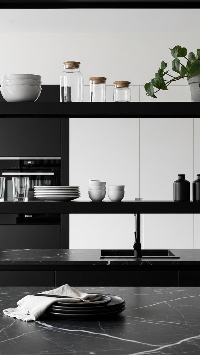 Moody Kitchen Open Shelving: 9 Genius Styling Ideas 16 Ultra-minimalist dark open shelving with curated items, emphasizing clean lines and negative space in a modern dark kitchen.
