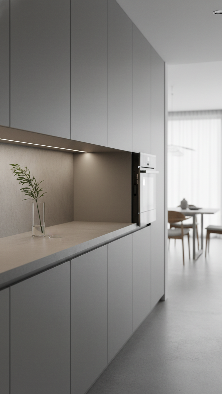 Ultra-minimalist kitchen featuring matte gray handleless cabinets with integrated appliances and a concrete countertop, showcasing push-to-open design.