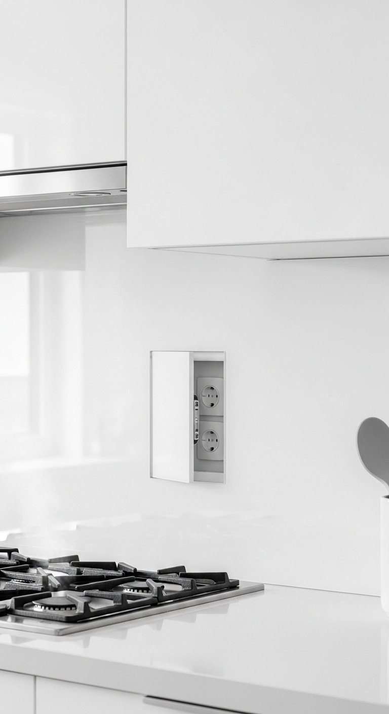 11 Genius Ways To Hide Kitchen Outlets With Flawless Decor 11 Ultra-modern white kitchen backsplash with a vertical hinged panel slightly open, revealing a hidden electrical outlet.