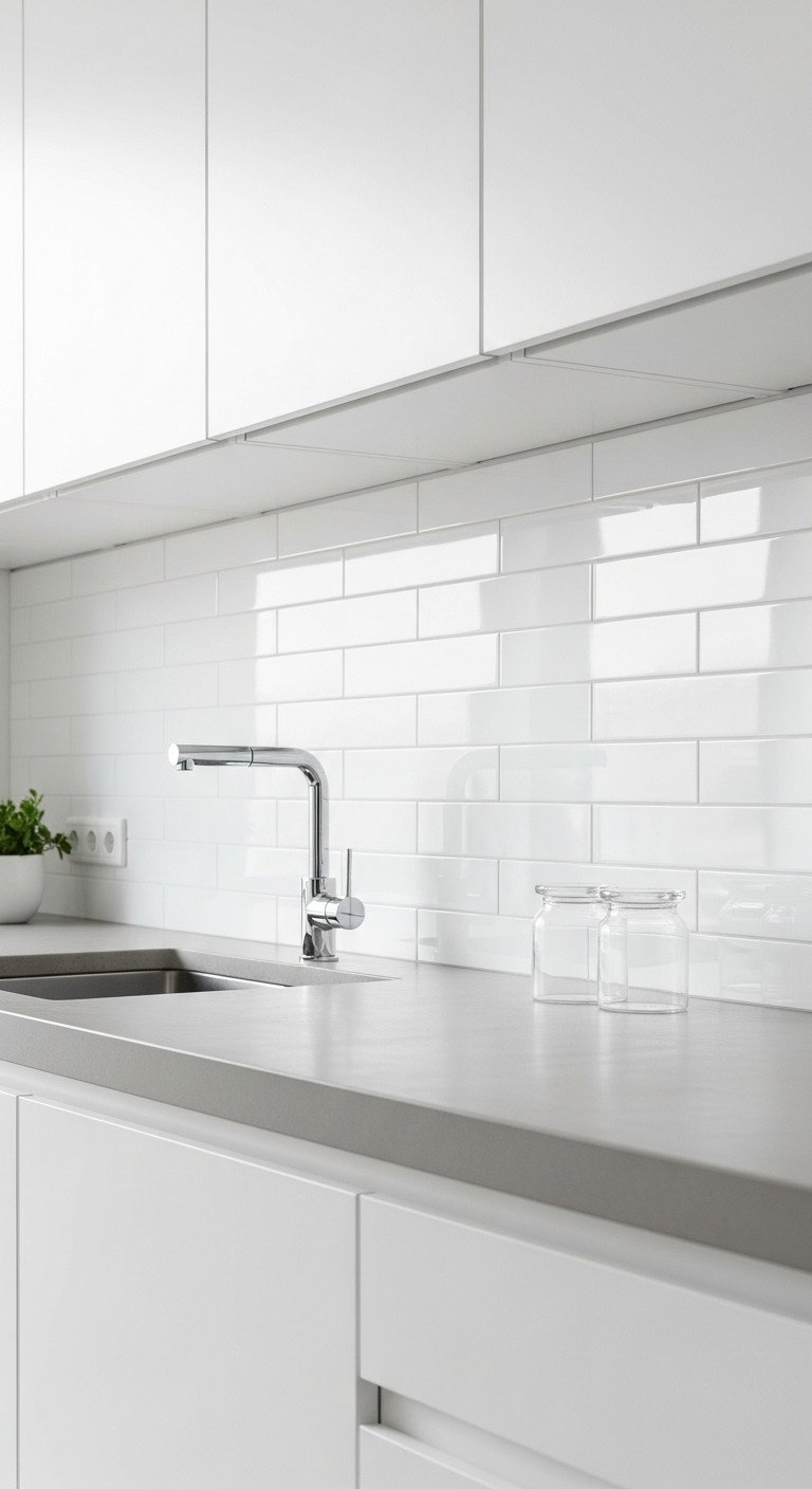 Ultra-modern white kitchen with high-gloss glass subway tile backsplash, vertical stacked pattern, concrete-look counter, and chrome faucet.