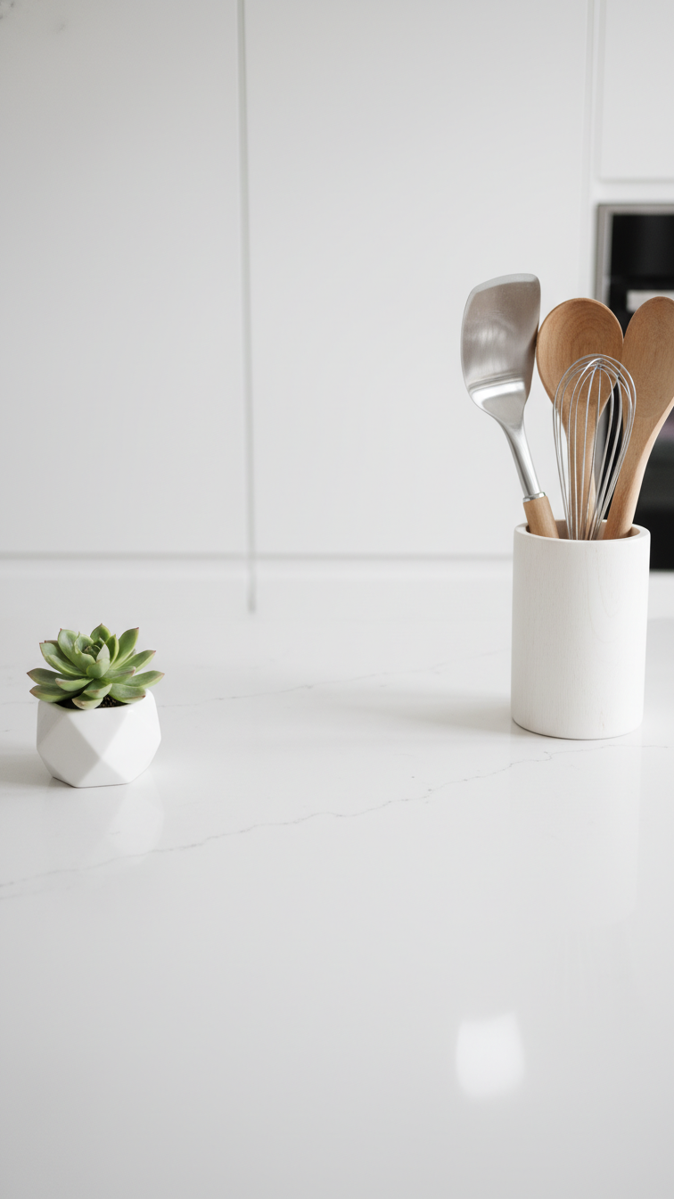 Uncluttered minimalist kitchen countertop with smooth stone surface, simple potted succulent, clean and serene modern kitchen design.