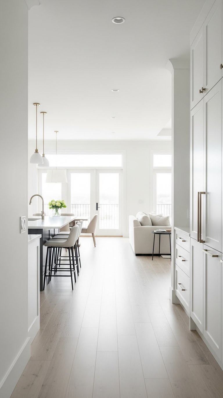 Uncluttered pathway in open kitchen living room emphasizes expansive traffic flow. Minimalist furniture, clean whites, and natural light.
