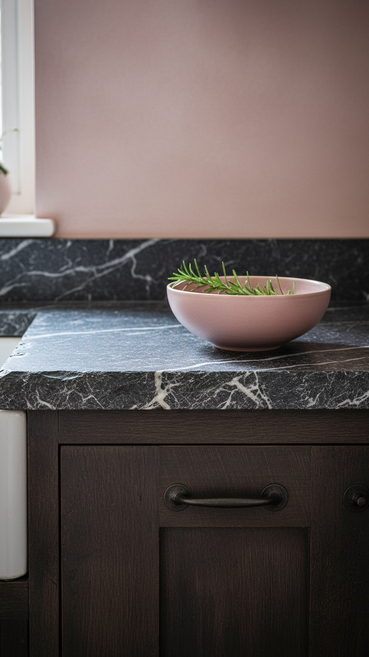 Moody Rustic Kitchen Design: The Ultimate Guide For Any Home 5 Unpolished dark slate stone countertop with chiseled edges contrasts a dark rustic kitchen cabinet, styled with a ceramic bowl.