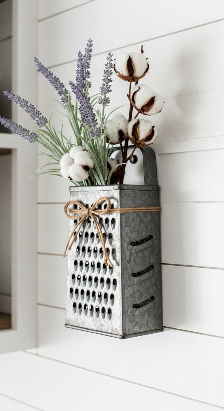 Brilliant Upcycled Kitchen Decor Ideas To Transform Your Walls 7 Upcycled galvanized metal grater used as a wall vase for lavender on a white shiplap wall. A rustic DIY farmhouse kitchen idea.
