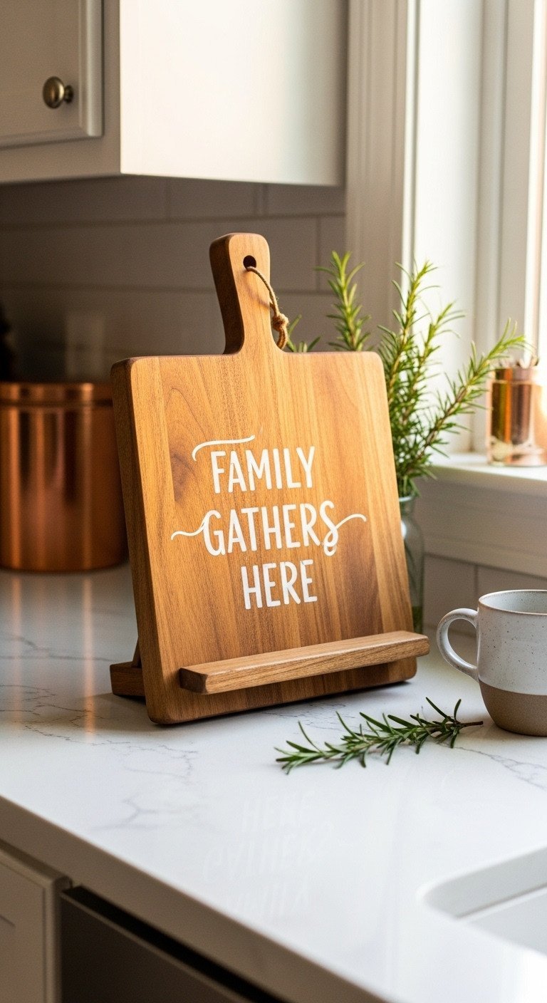 Brilliant Upcycled Kitchen Decor Ideas To Transform Your Walls 3 Upcycled rustic wood cutting board as a cookbook holder on a white quartz countertop. A charming DIY farmhouse kitchen accessory.