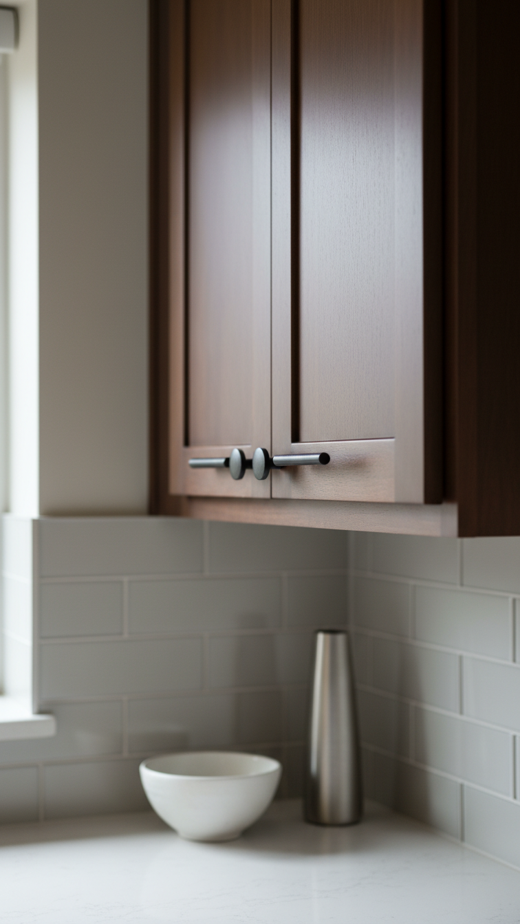 Updated dark wood kitchen cabinet with sleek matte black hardware, light painted walls, modern tile, stylish upgrade.
