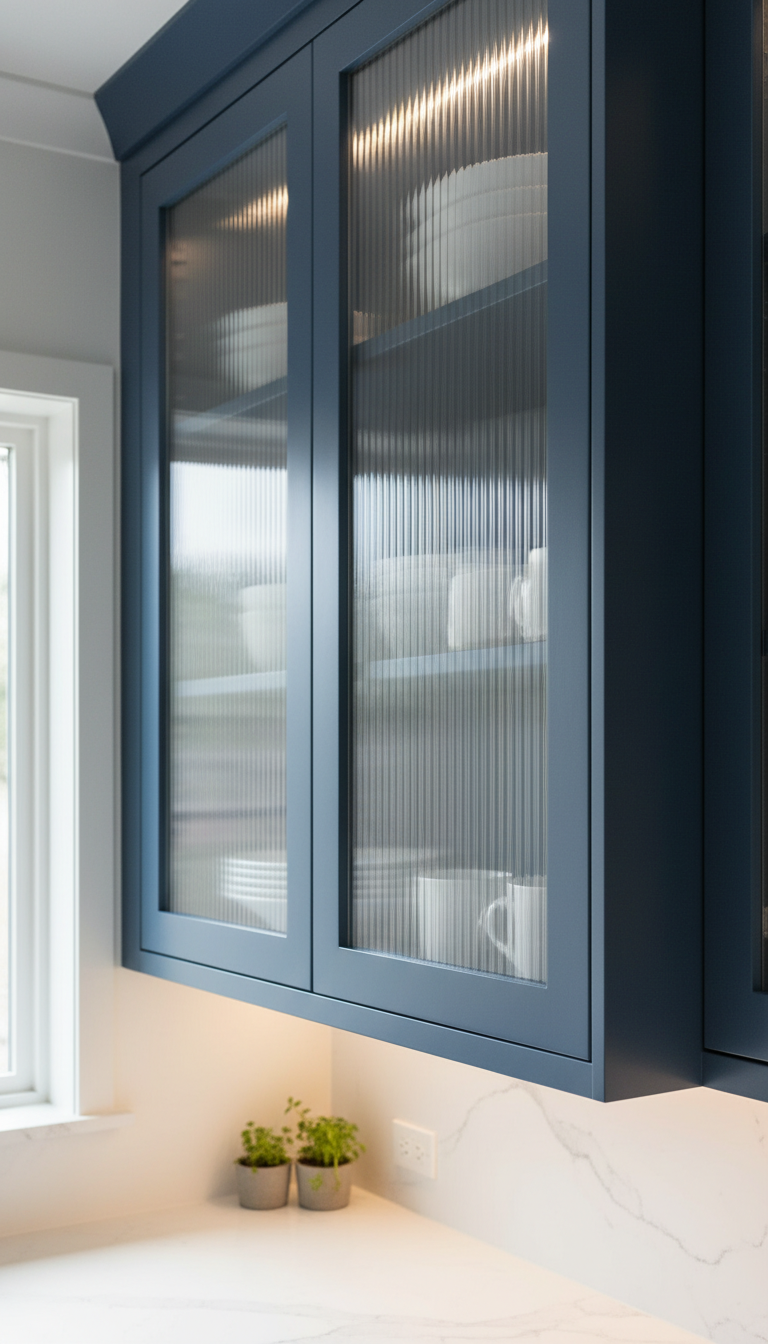 Upper kitchen cabinets with reeded glass panels, linear patterns, minimalist porcelain dishware, bright daylight, clean modern kitchen interior.