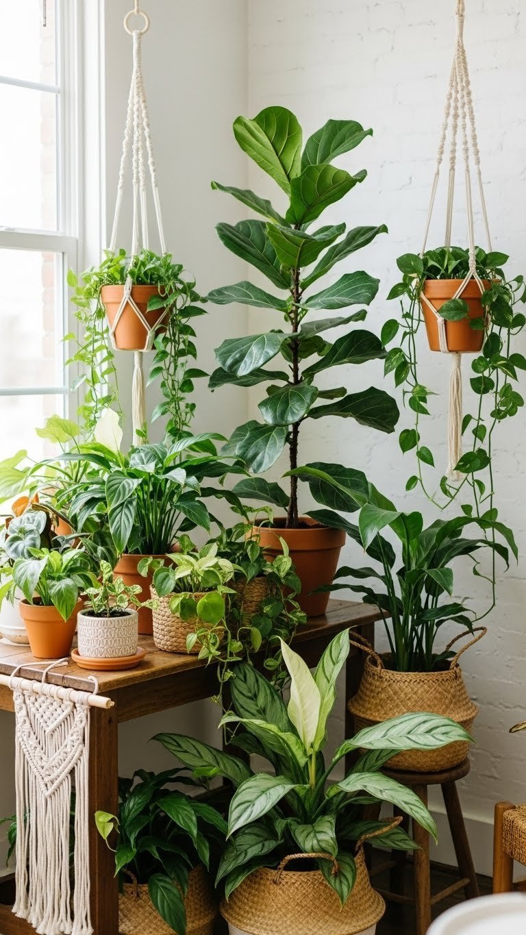 Urban jungle corner: Fiddle Leaf Fig, trailing plants in terracotta planters, woven baskets. Natural light, green textures.