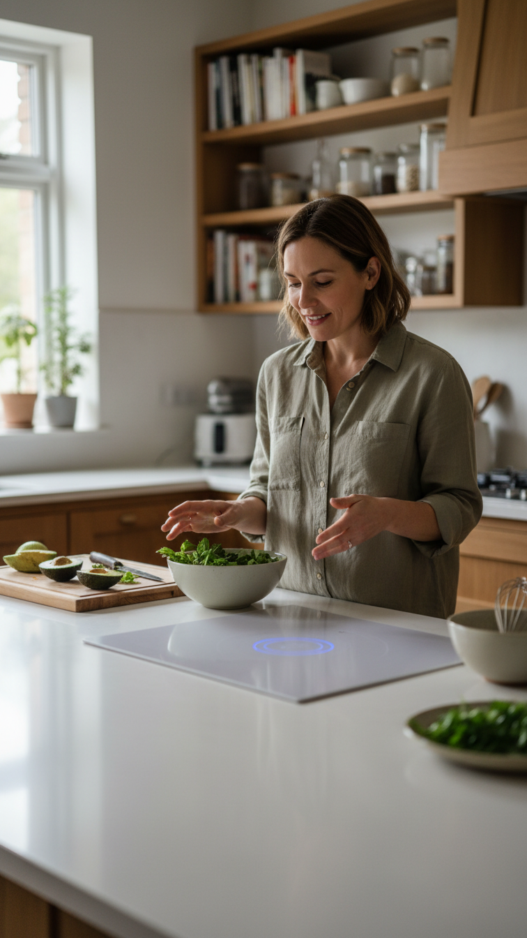 User at kitchen island, hands-free, commanding a voice-controlled smart appliance integrated into design. Ergonomic kitchen.