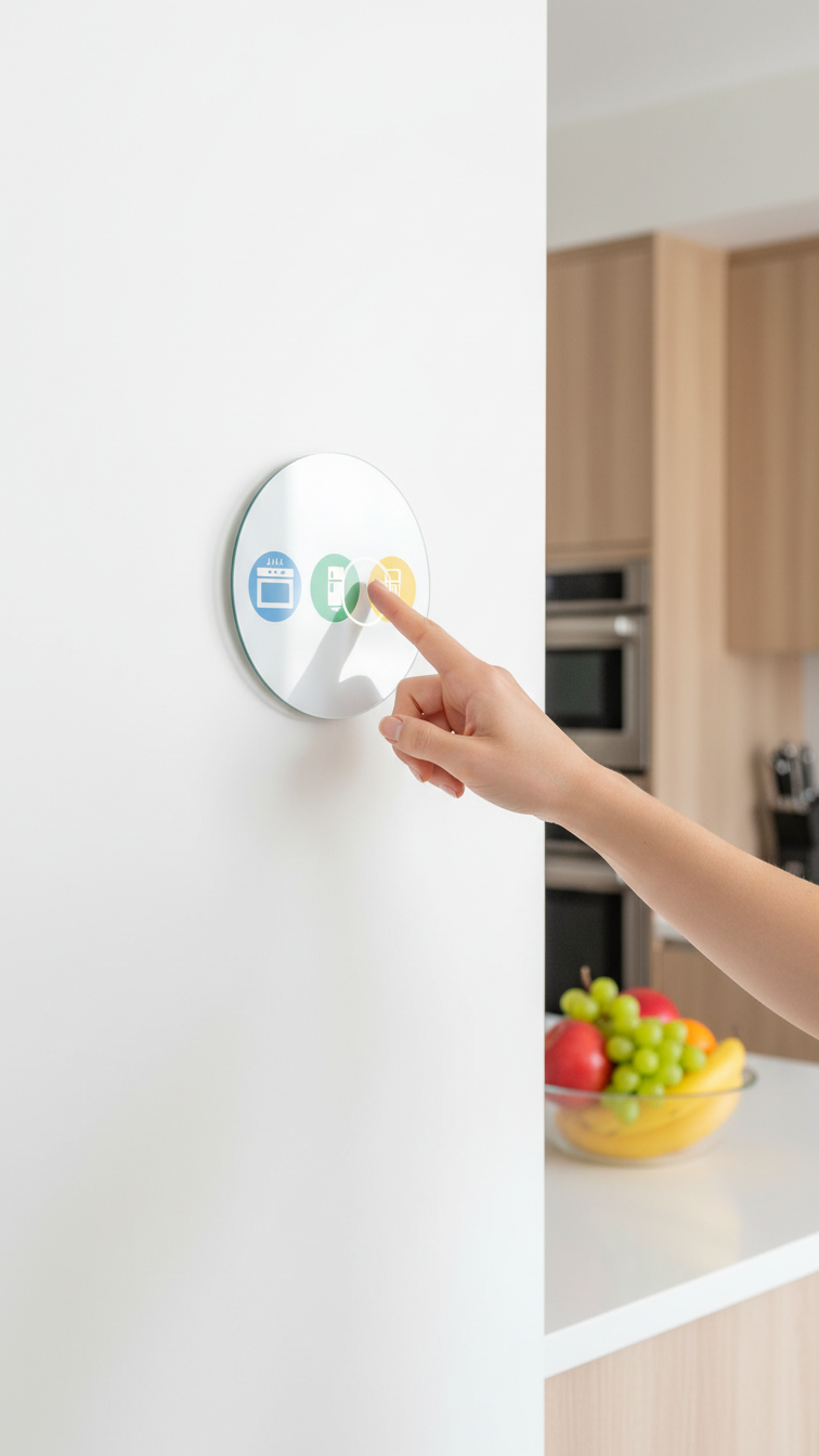 User interacting with flush-mounted smart home hub on kitchen wall, controlling smart oven, fridge & lighting. Connected kitchen.