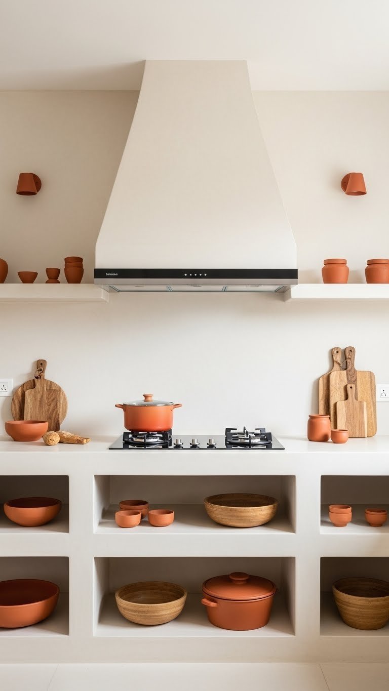 Vastu-aligned open kitchen with hob, earthen tones, natural wood and terracotta accents, warm creams, bright daylight, Indian home.