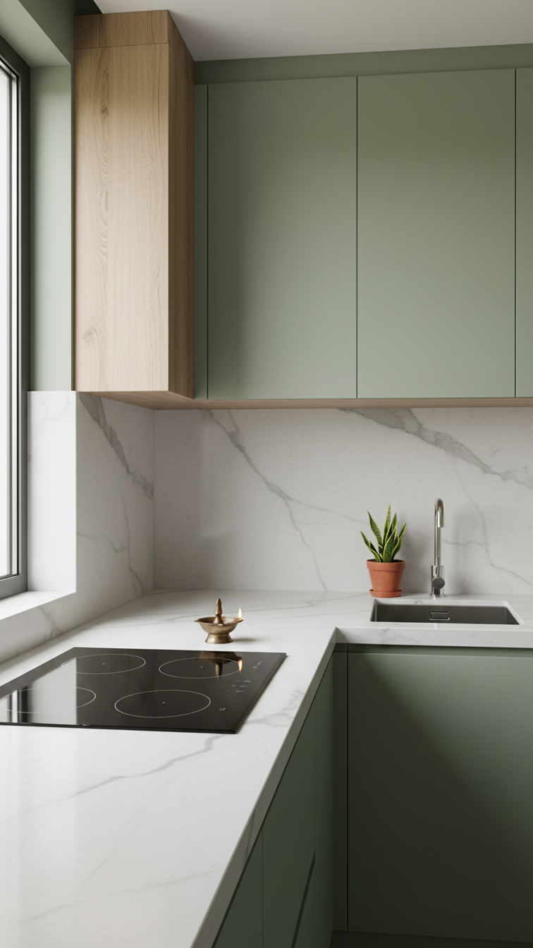 Vastu compliant kitchen corner with hob in South-East, sink in North-East. Modern design, white marble countertop, minimalist cabinets, balanced.
