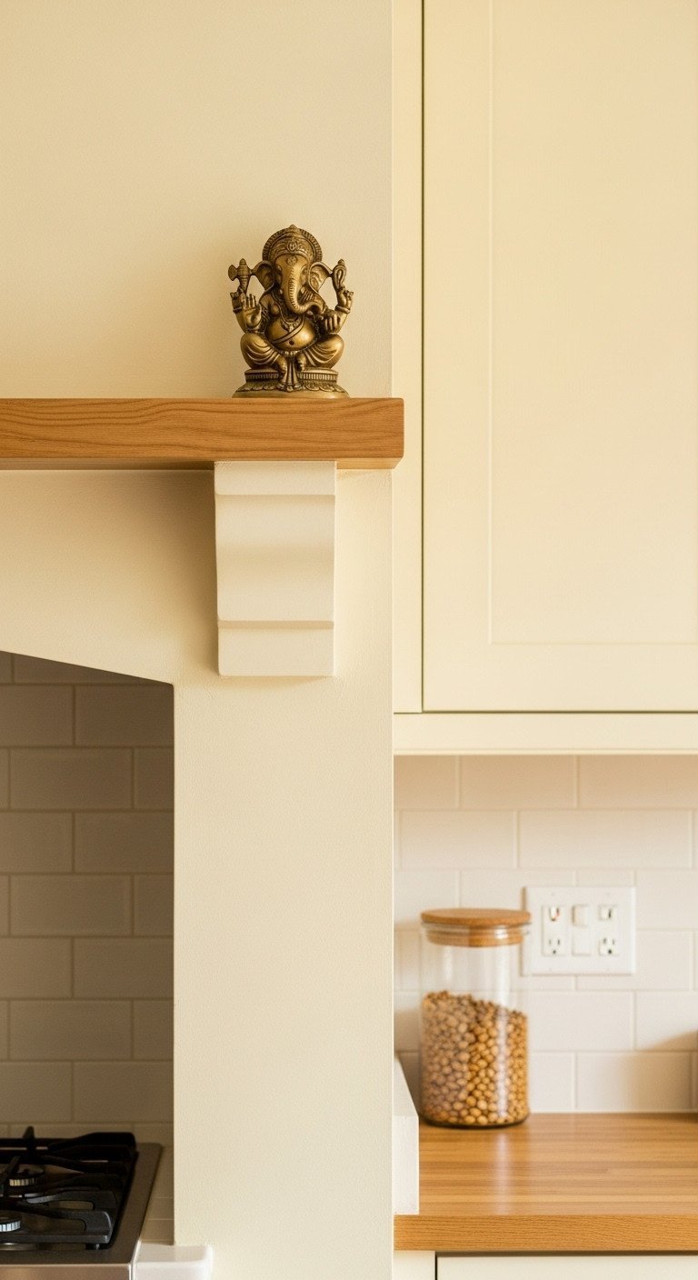 Vastu-compliant kitchen wall decor with a small brass Ganesha idol on a wooden pedestal, evoking a serene, balanced feeling.