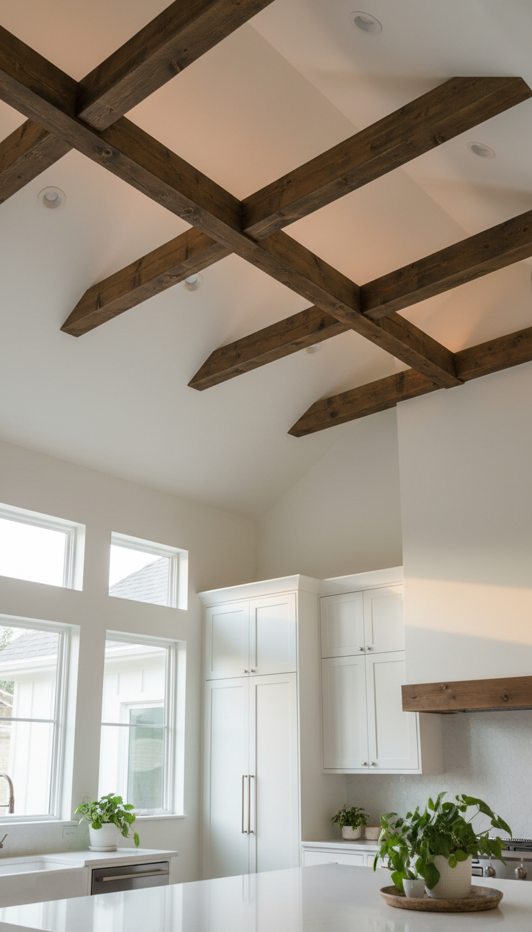 Vaulted ceiling modern kitchen with raw dark stained exposed beams, white walls, and sleek minimalist design, natural light.