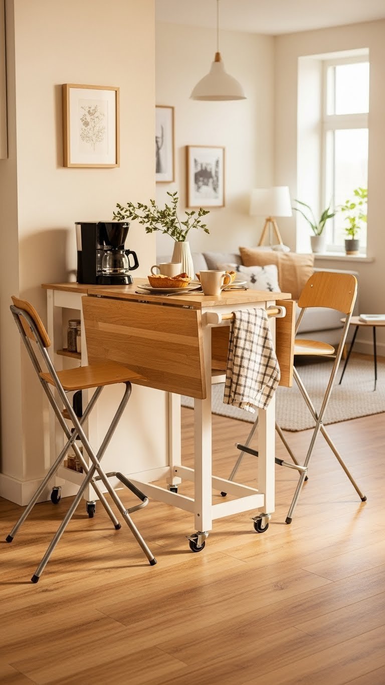 Versatile movable kitchen island cart with drop-leaf extension. Small apartment breakfast bar, coffee maker, warm light, wood floor.