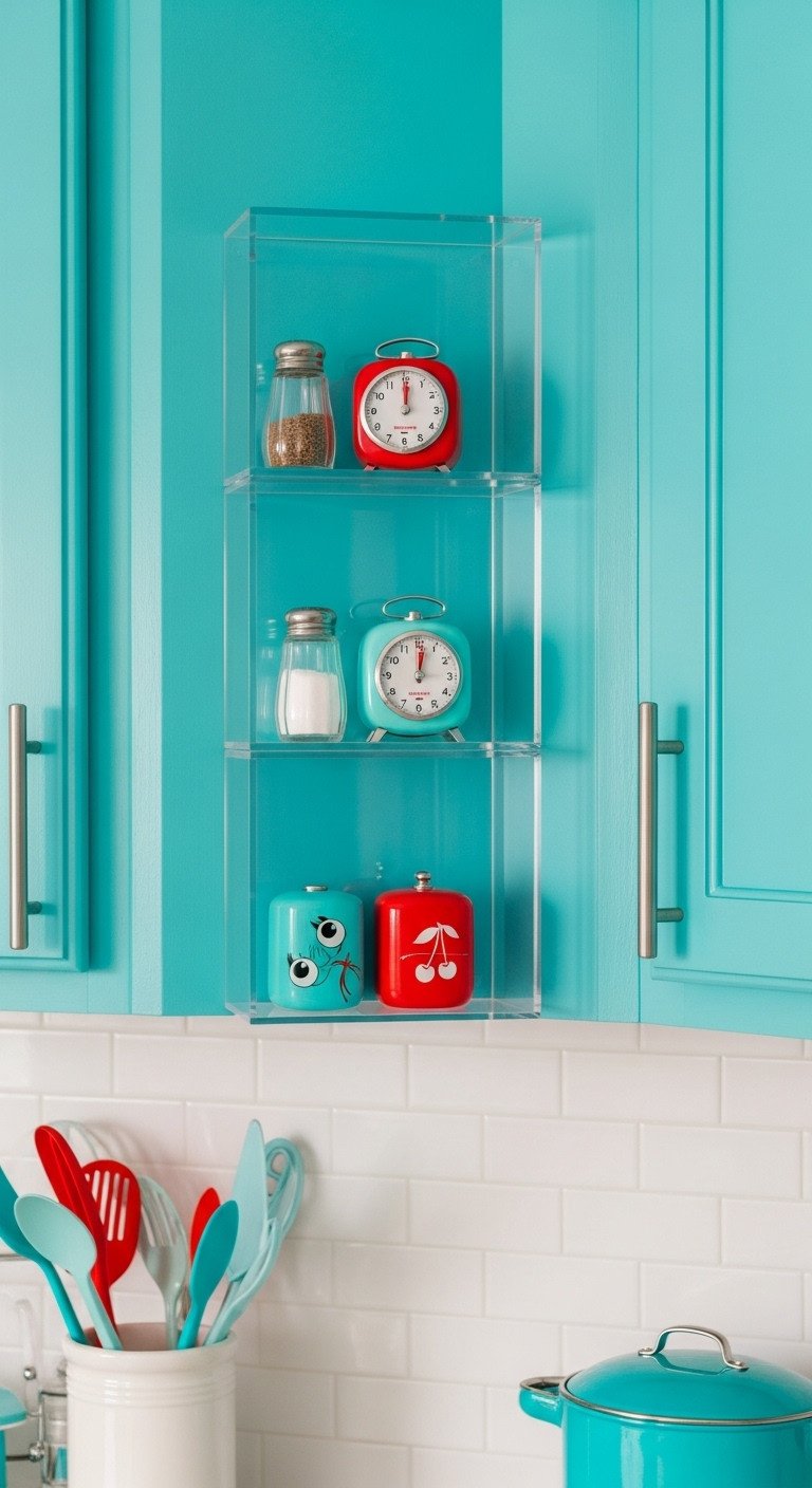 Vertical display of clear acrylic shadow boxes with vintage kitchen collectibles on a vibrant teal wall in a modern kitchen.