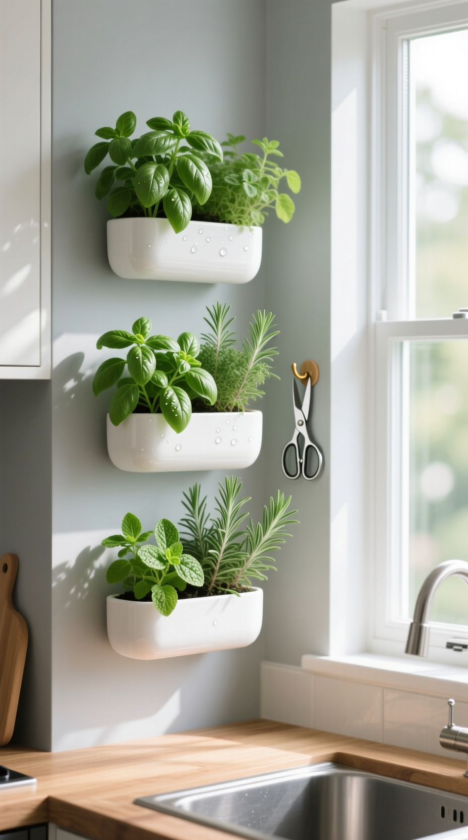 Vertical herb garden in white ceramic wall planters with fresh basil and rosemary by a sunny kitchen window.