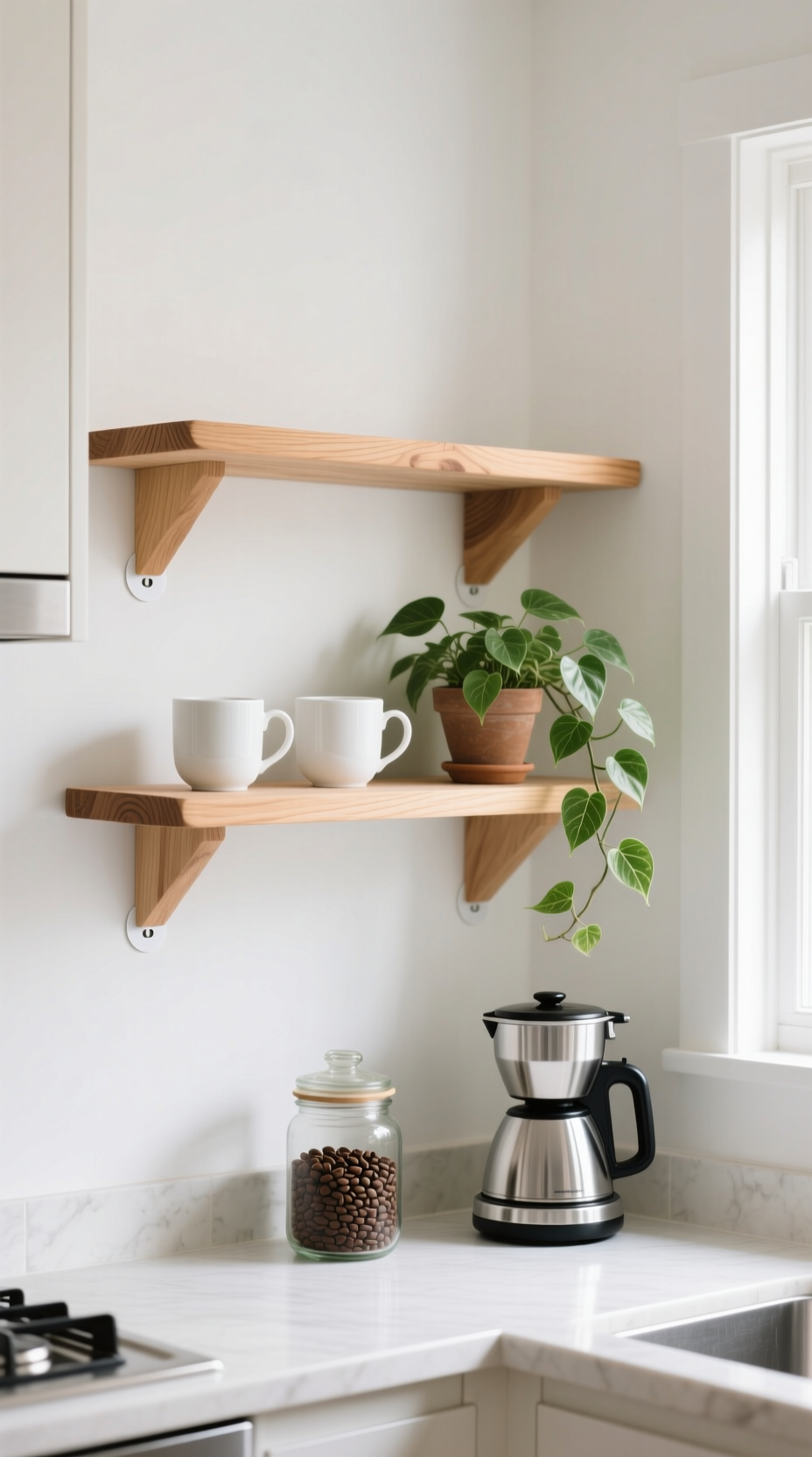 11 Genius Kitchen Wall Decor Ideas That Are Completely Damage Free 12 Vertical herb garden with basil and mint in terracotta pots hanging from a tension rod in a bright kitchen window.