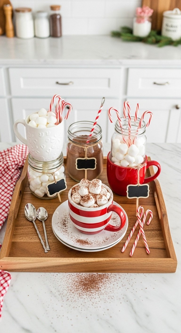 Vibrant Hot Cocoa Bar setup on a wooden tray with holiday mugs, marshmallows, cocoa mix, and striped candy canes.