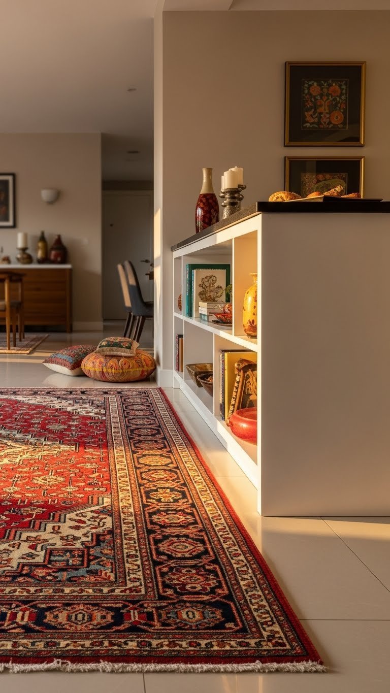 Vibrant Indian patterned rug and low shelving define open living room from kitchen, with rich colors and golden hour light.