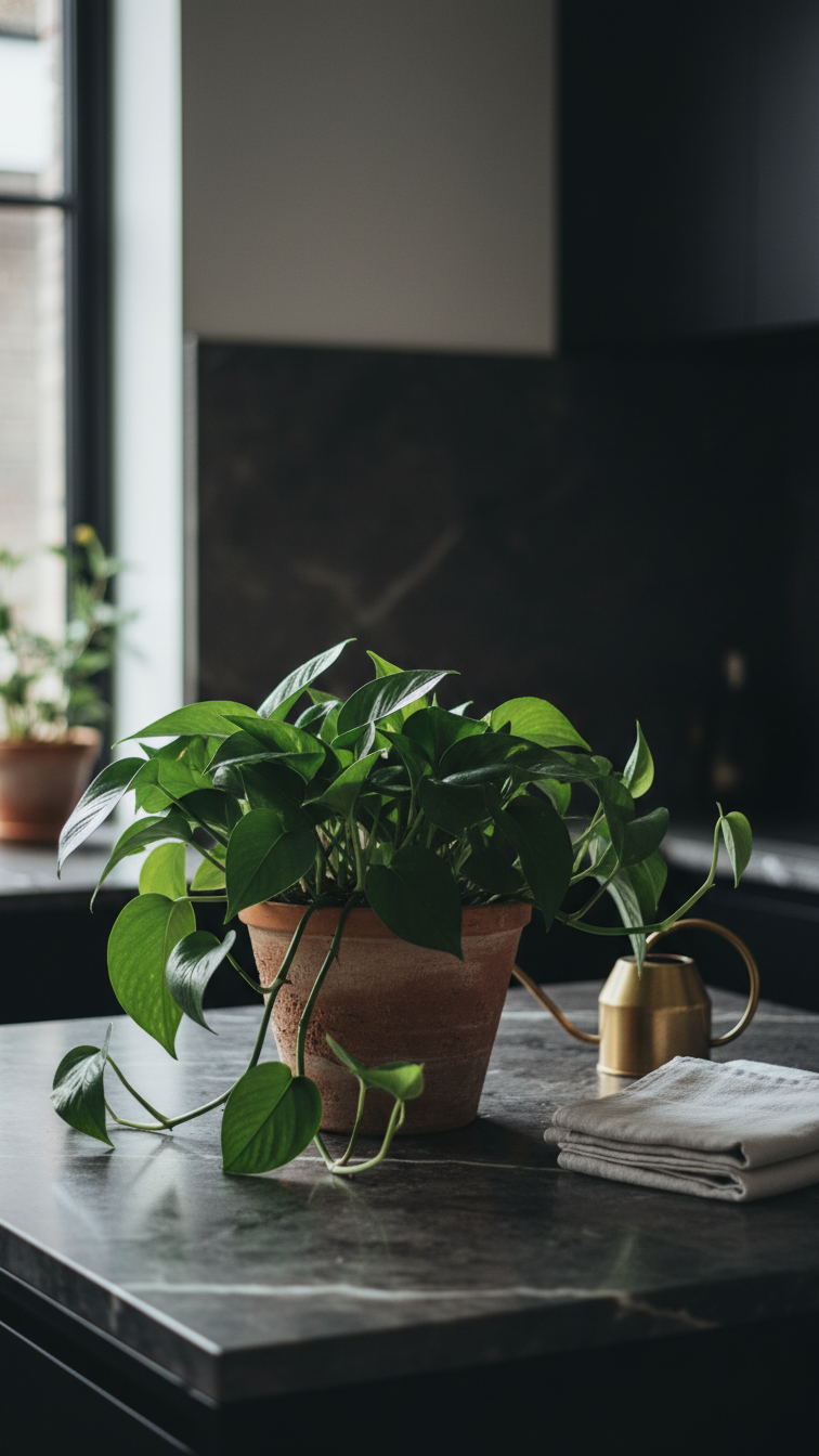 Vibrant Pothos plant in a terracotta planter on a dark kitchen countertop, with a brass watering can nearby.