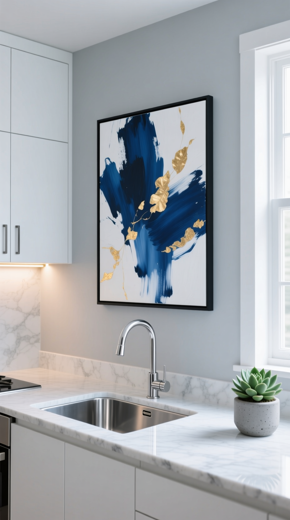 Genius Kitchen Wall Decor Ideas To Elevate Your Sink 3 Vibrant abstract canvas art with blue, white, and gold leaf hangs on a gray wall in a sleek, minimalist kitchen.