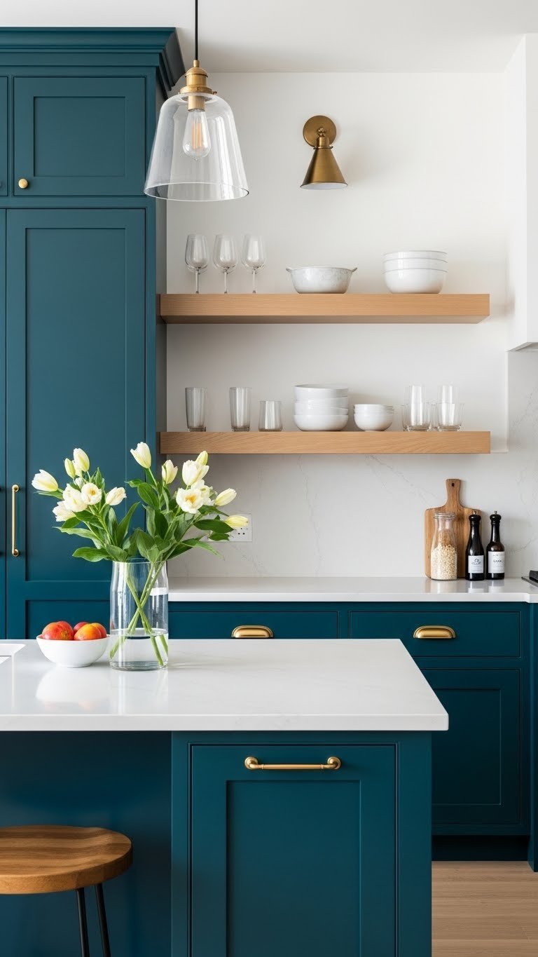 Vibrant deep teal kitchen features luxurious blue-green cabinets, light natural oak trim, and brass pendant lighting.
