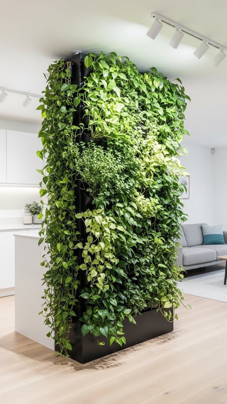 Vibrant floor-to-ceiling modular plant wall, a lush vertical garden divider for open kitchen living areas.