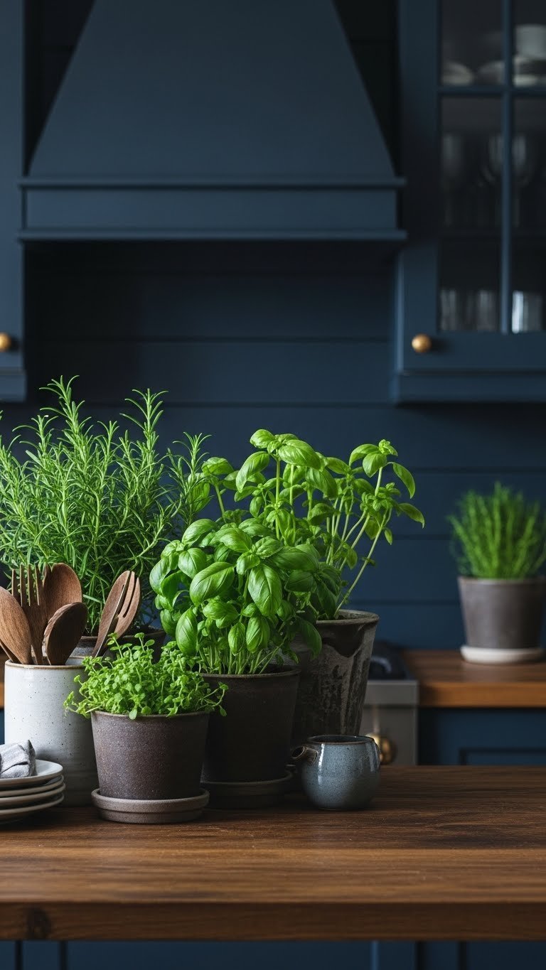 Vibrant green potted herbs and houseplants on a dark wood counter against a moody navy shiplap kitchen wall.