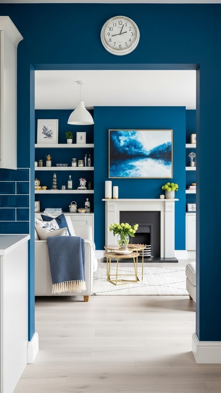 Open Kitchen Living Room Paint: 11 Ideas For Cohesion 5 Vibrant jewel-toned accent wall defines living room zones in open kitchen layout. Light neutral kitchen, large art, stylish decor.