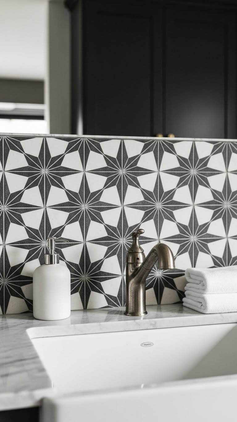 Vibrant kitchen with black and white geometric pattern tile backsplash, clean white sink, ceramic soap dispenser, and marble countertop.