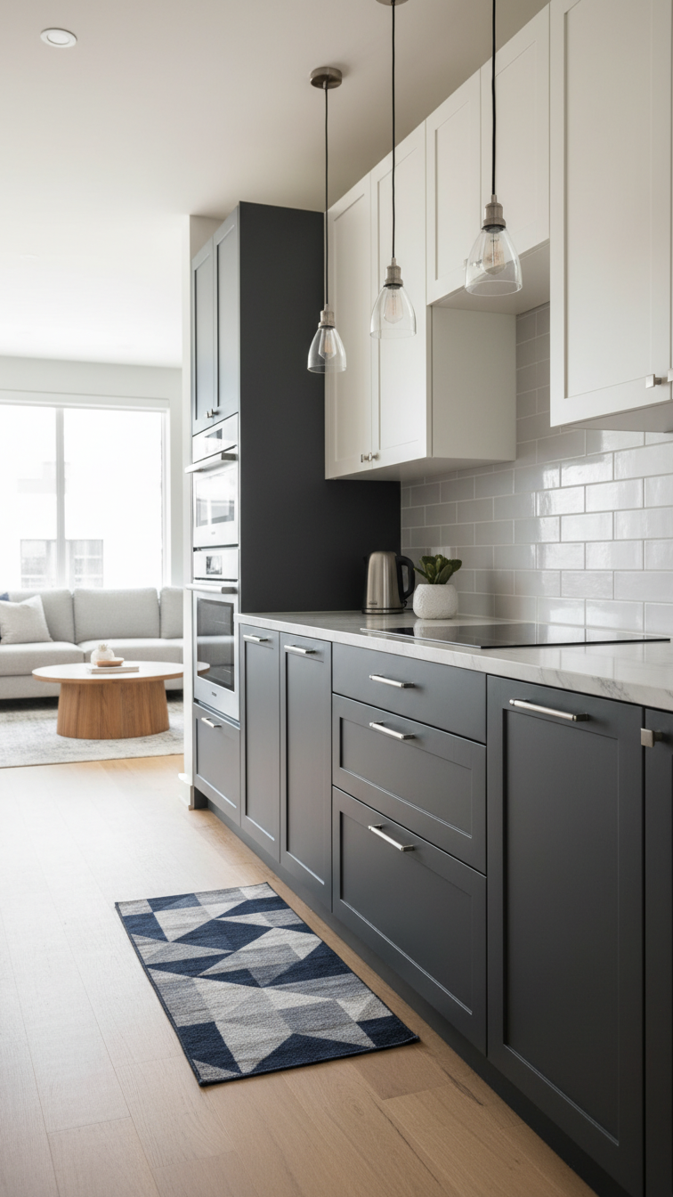 Vibrant modern two-toned kitchen with navy blue lower, off-white upper cabinets, sleek pulls, and pendant lighting.