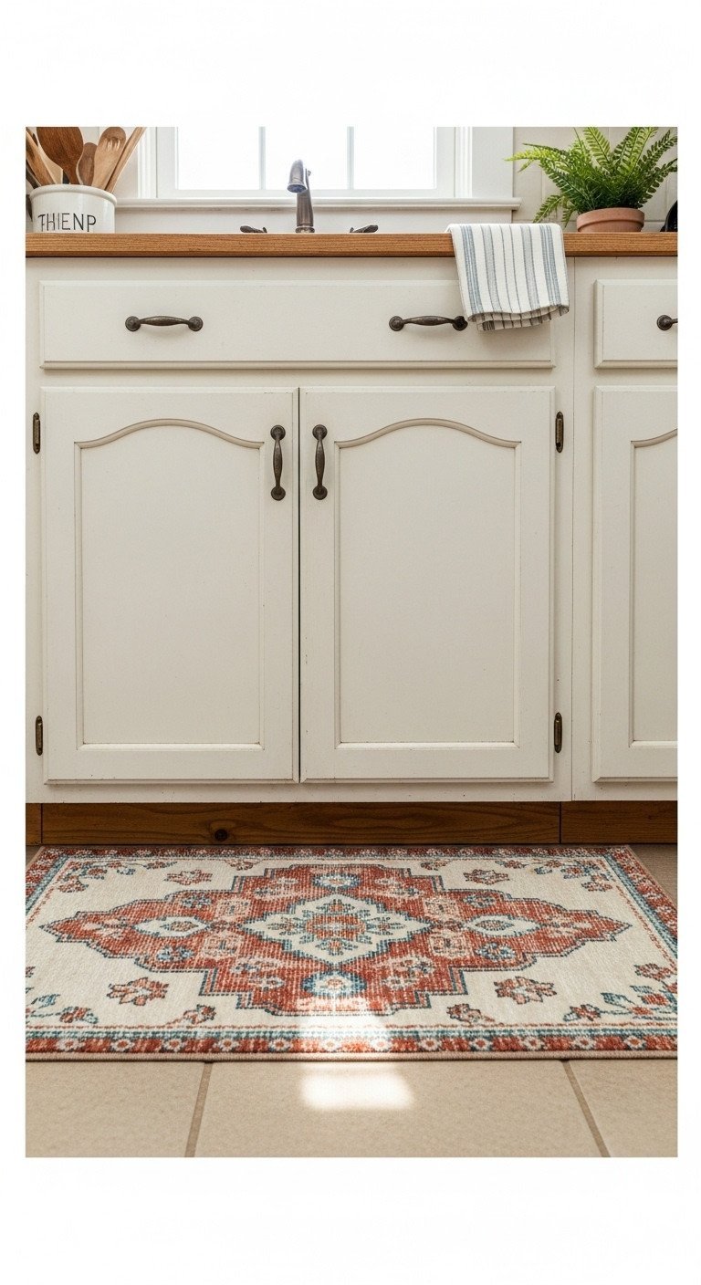 7 Genius Ways To Decorate Your Old Kitchen On A Budget 1 Vibrant patterned vintage Persian washable kitchen rug on worn tile floor, rustic cabinet, natural light, and a plant. Cozy home decor.
