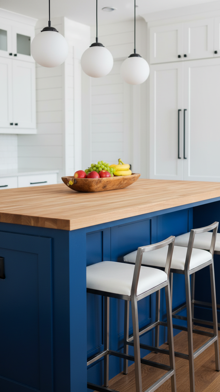 Vibrant royal blue kitchen island with butcher block top, sleek metal bar stools, fresh fruit bowl, and white cabinets.