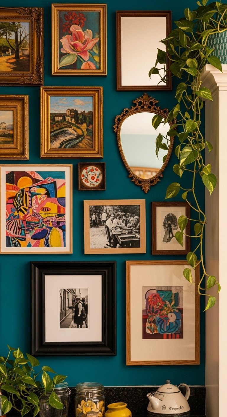 Vibrant, salon-style kitchen gallery wall with mixed frames and art, including an ornate mirror, on a deep teal wall.