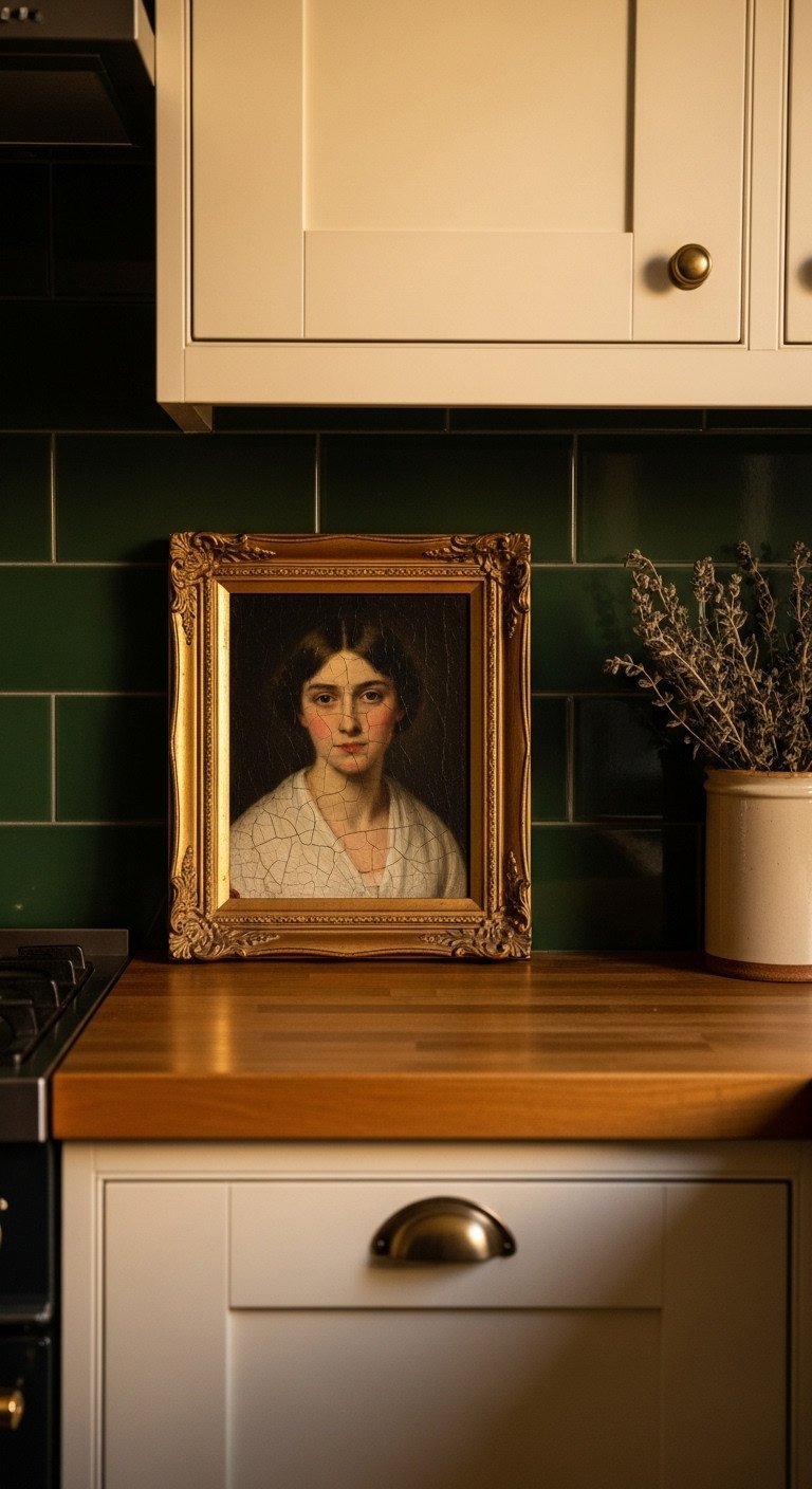 Vintage 19th-century oil portrait of a woman in an ornate gold frame leaning on a butcher block counter in a kitchen.