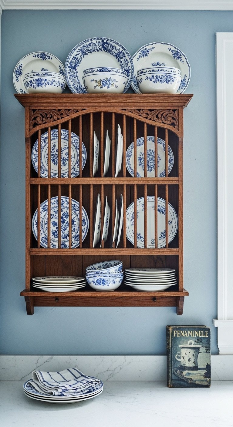7 Genius Ways To Decorate Your Old Kitchen On A Budget 9 Vintage carved wooden plate rack on a light blue wall, holding colorful antique floral ceramic plates. Elegant kitchen storage.