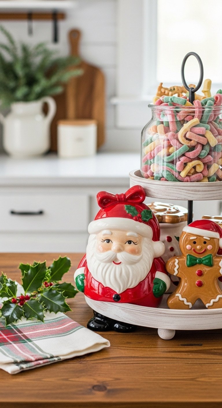 90S Christmas Kitchen Decor Avoid Tacky Maximize Nostalgia 1 Vintage ceramic Santa cookie jar filled with ribbon candy, on a tiered tray in a cozy 90s Christmas kitchen with holly.