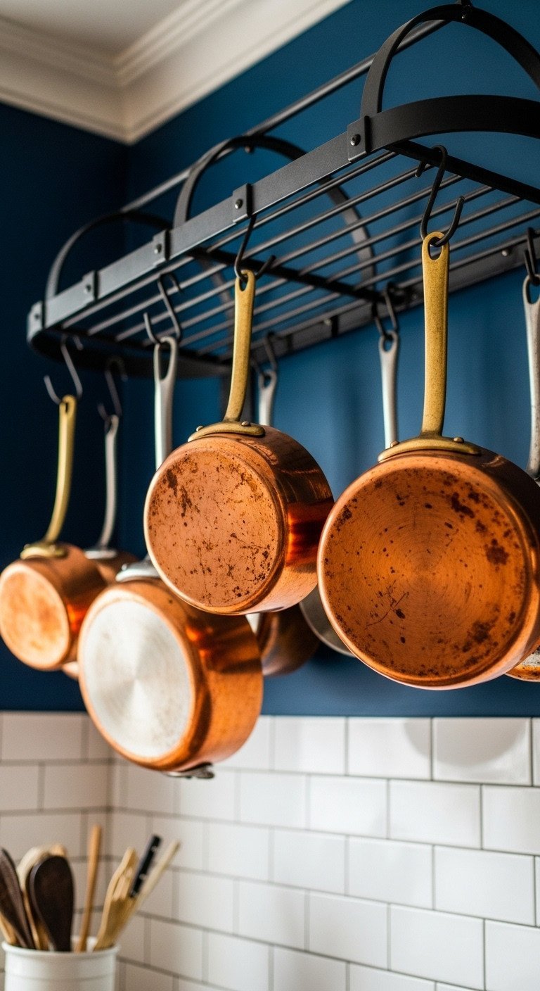 13 Stunning French Country Wall Decor Ideas For Your Kitchen 19 Vintage copper pots and pans hang from a wrought iron pot rack on a dark blue wall in a French country kitchen.
