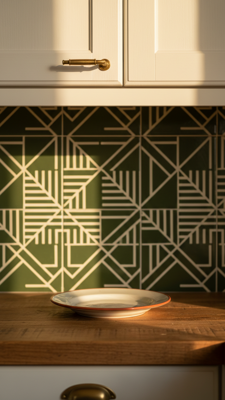 Vintage green patterned kitchen backsplash with olive and cream geometric ceramic tiles, complementing rustic wood and brass details.