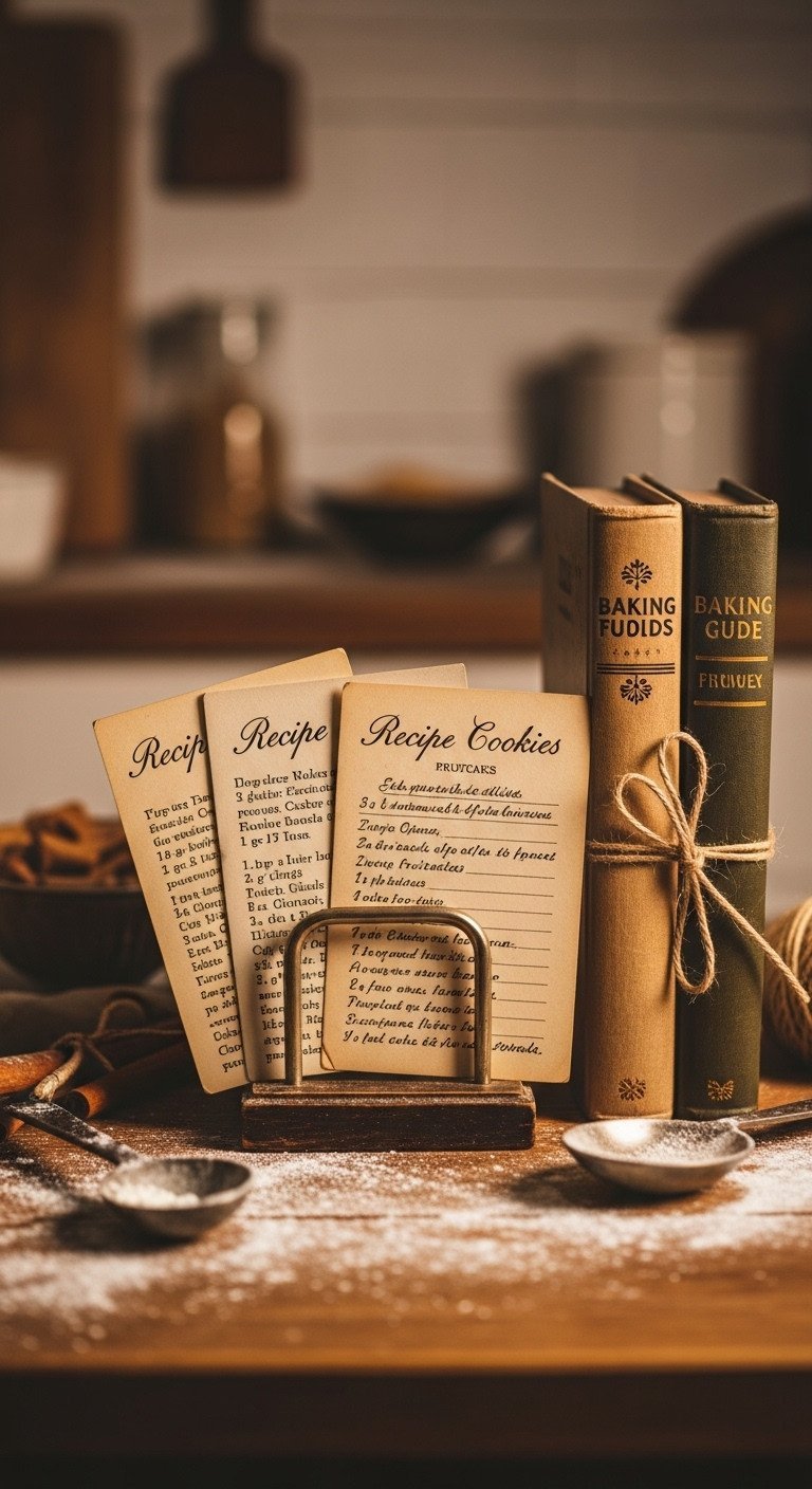 11 Ultimate Nostalgic Christmas Kitchen Decor Ideas 13 Vintage handwritten Christmas cookie recipe cards and classic 1950s cookbooks with a measuring spoon on a rustic kitchen table.