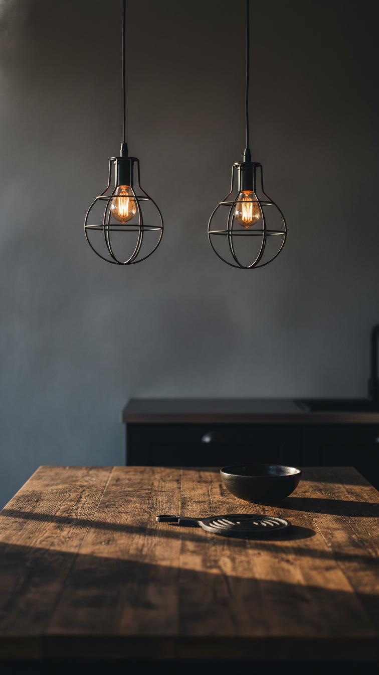 Vintage industrial matte black cage pendant lights with Edison bulbs over a dark distressed kitchen island in a moody, warm-lit kitchen.