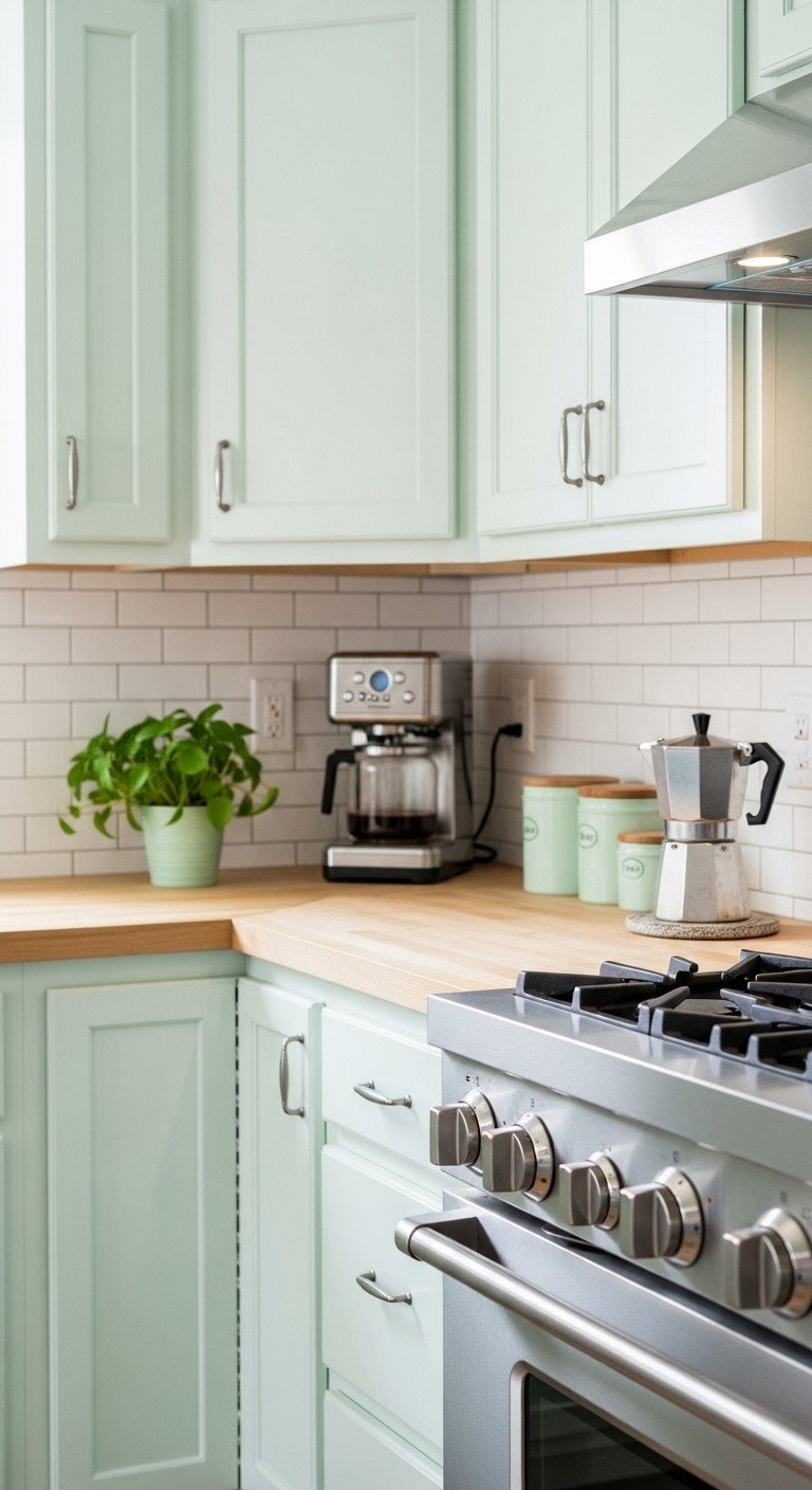 Vintage-inspired kitchen with subtle mint green cabinets, light wood counter, chrome pulls, stainless steel, coffee maker. Cheerful retro.