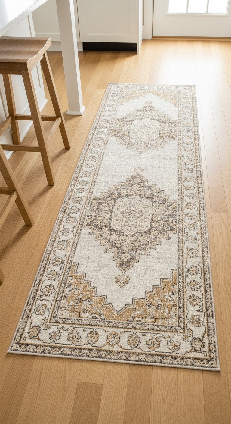 Vintage-inspired runner rug with a faded neutral pattern on a light oak hardwood floor in a modern farmhouse kitchen.