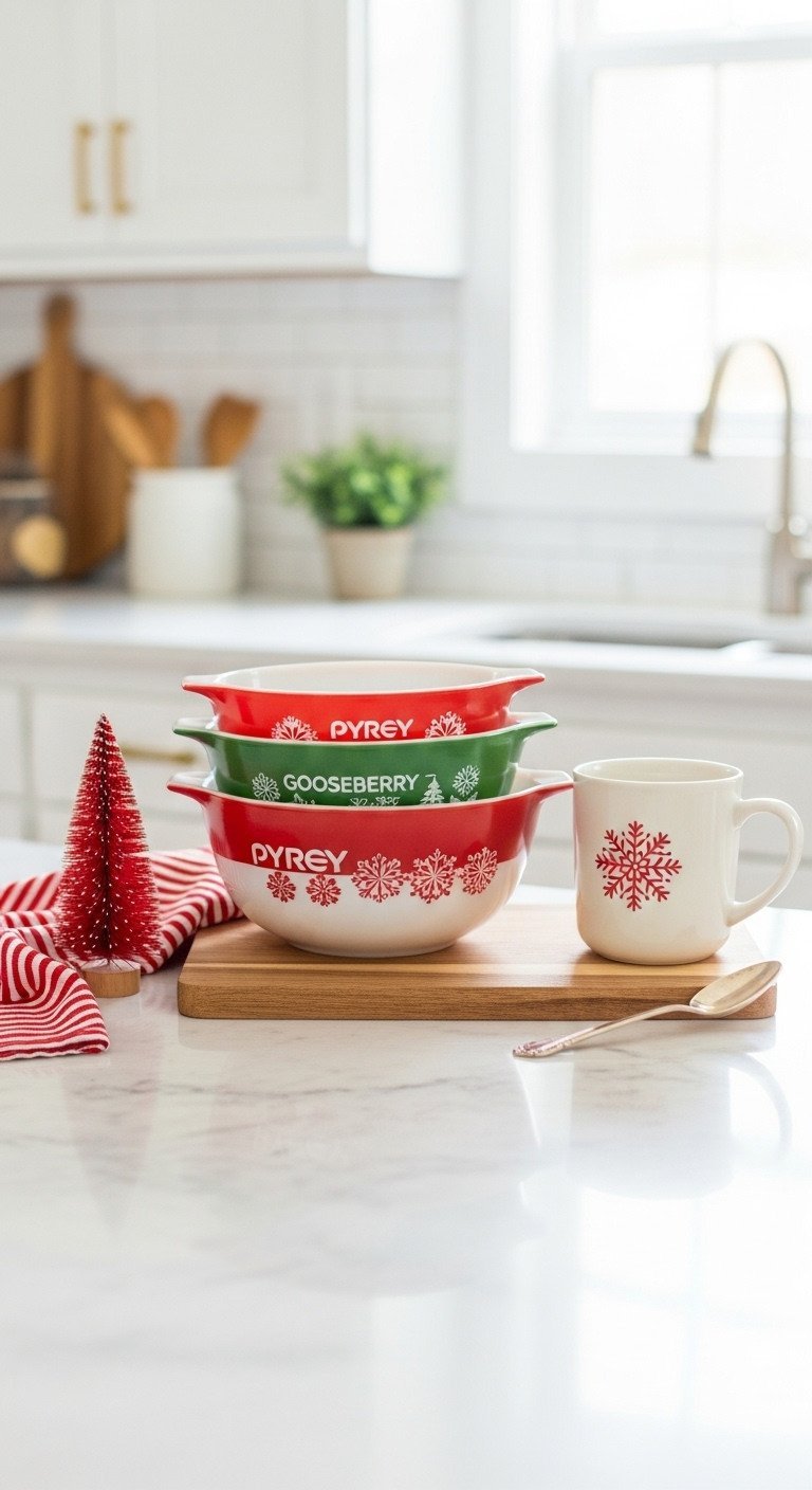 11 Ultimate Nostalgic Christmas Kitchen Decor Ideas 1 Vintage red and green Pyrex nesting bowls stacked on a wooden board with a steaming mug, festive tree, and spoon on a marble countertop.