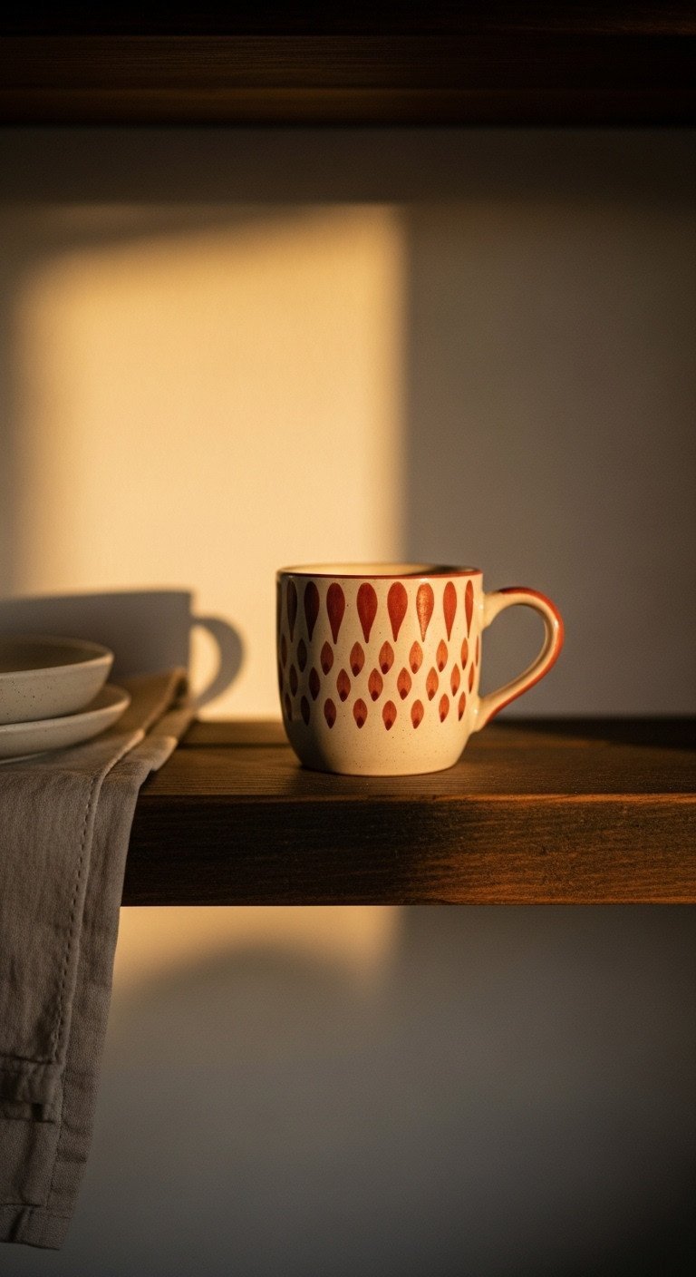 Vintage-style ceramic mug with a unique hand-painted pattern on a dark reclaimed wood shelf for a cozy, rustic look.