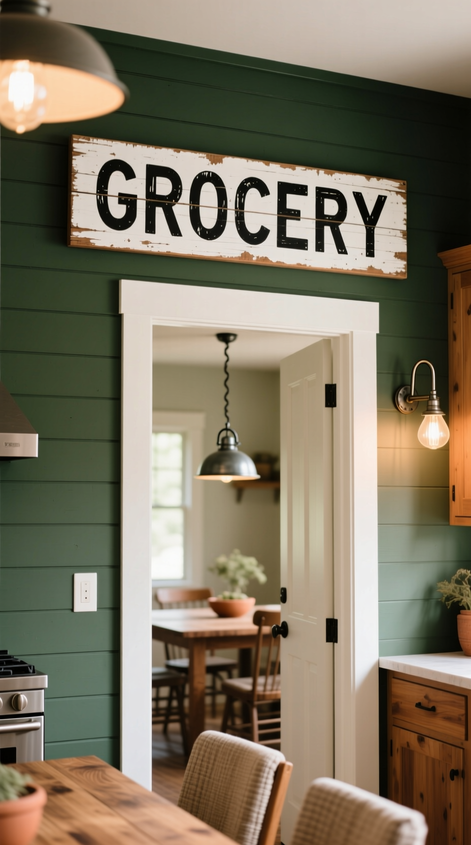 Vintage-style white wood 'GROCERY' sign with black letters mounted on a green shiplap wall in a farmhouse kitchen.