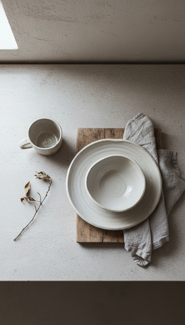 Wabi-Sabi kitchen: imperfect ceramic, worn wood, stone countertop. Minimalist, tranquil design with mug and linen.